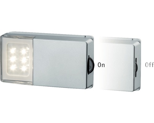 Éclairage d'armoire LED 25 lm 2700 K SnapLED argent fonctionnement sur batterie Lampe LED en position allumée et éteinte