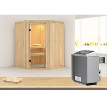 Sauna modulaire Karibu Larina avec poêle 9 kW et commande intégrée sans couronne avec porte entièrement vitrée coloris bronze-thumb-0