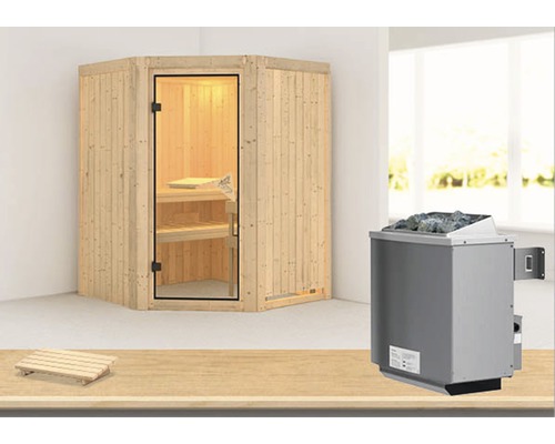 Sauna modulaire Karibu Larina avec poêle 9 kW et commande intégrée sans couronne avec porte entièrement vitrée coloris bronze