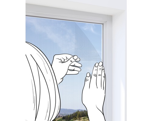 Illustration: Person bringt ein Insektenschutzgitter an einem Fenster an.