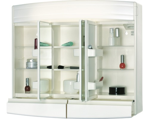 Armoire de toilette ouverte avec étagères et tiroirs pour le rangement de la salle de bain