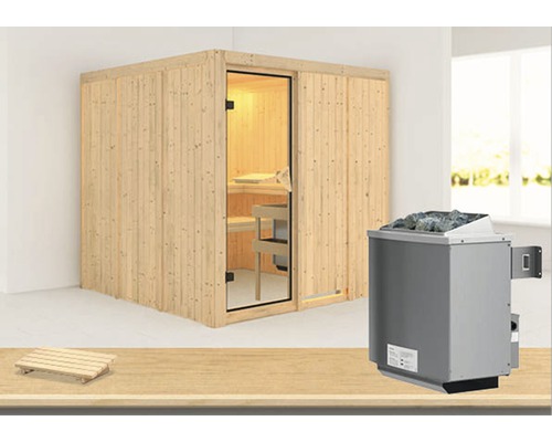 Sauna modulaire Karibu Rodina avec poêle 9 kW et commande intégrée sans couronne avec porte entièrement vitrée coloris bronze-0