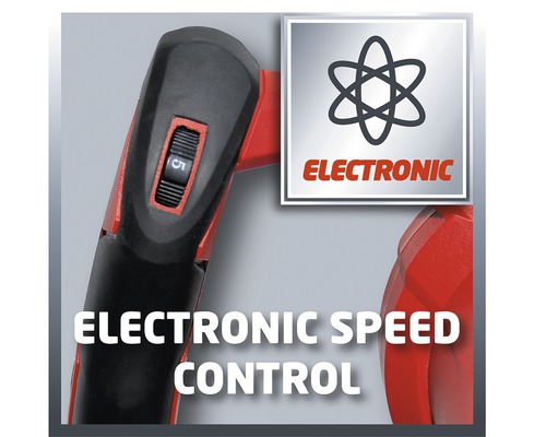 Detailaufnahme einer Bohrmaschine mit elektronischer Geschwindigkeitsregelung und entsprechendem Symbol