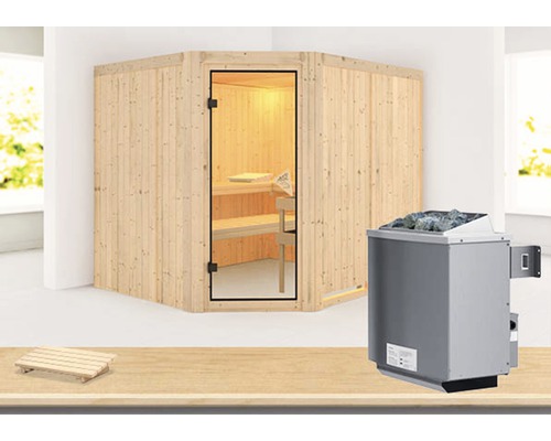 Sauna modulaire Karibu Malina avec poêle 9 kW et commande intégrée sans couronne avec porte entièrement vitrée coloris bronze