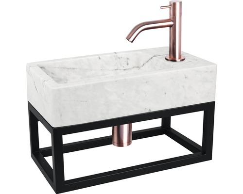 Vasque avec plaque en marbre, robinetterie et cadre en métal