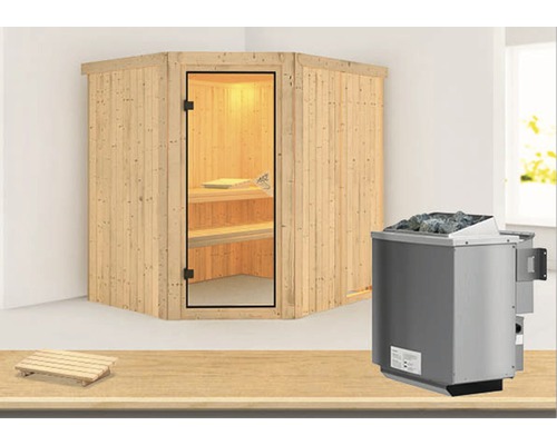 Sauna modulaire Karibu Siirina avec poêle 9 kW et commande intégrée sans couronne avec porte entièrement vitrée coloris bronze