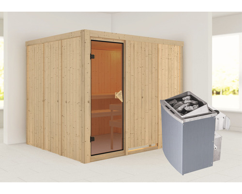 Sauna modulaire Karibu Gobina avec poêle 9 kW et commande intégrée sans couronne avec porte entièrement vitrée coloris bronze