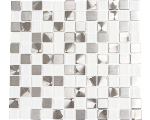 Aluminiummosaik XAM A441 weiß/silber glänzend 32,7x30,2 cm Quadratische Mosaikfliese aus Glas und Metall