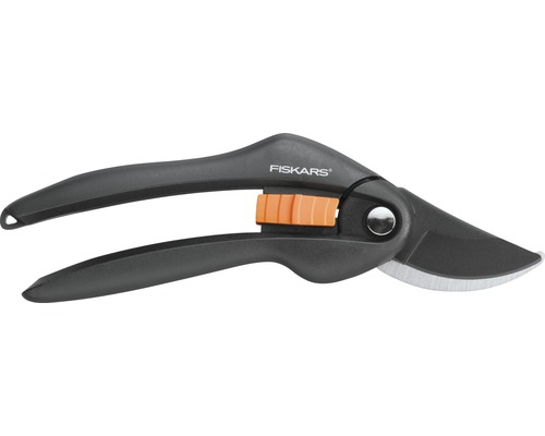 Gartenschere, Rosenschere Fiskars SingleStep™ P 26 Bypass Fiskars Gartenschere mit schwarzem Griff und orangefarbener Verriegelung.