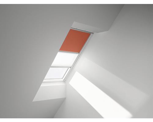 Store duo VELUX store occultant uni orange et store plissé blanc cadre aluminium DFD PK10 4564S