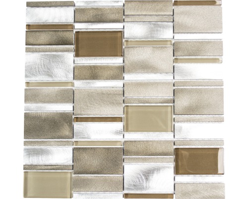 Aluminiummosaik silber beige braun Glänzend 30,1x30,1 cm Mosaikfliese mit Glas- und Metallelementen