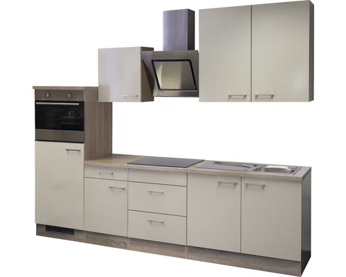 Küchenzeile mit Spüle, Kochfeld, Dunstabzugshaube und Einbaubackofen