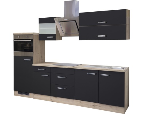 Cuisine complète avec four intégré, hotte aspirante, plaque de cuisson et évier.