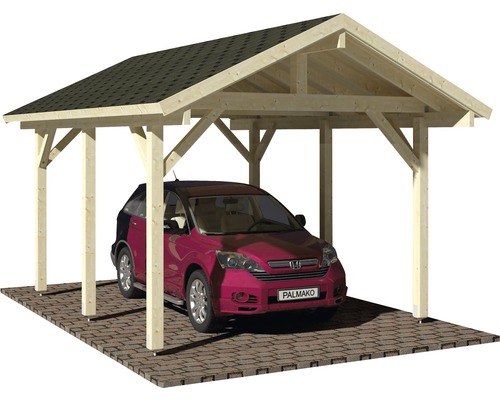 Carport en bois avec toit plat et voiture
