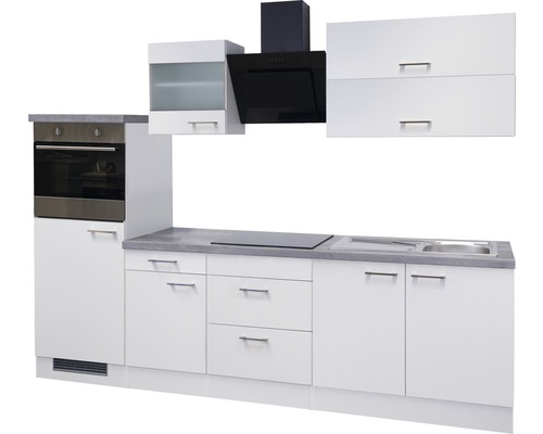 Moderne Küchenzeile mit weißen Schränken, integriertem Backofen und Dunstabzugshaube