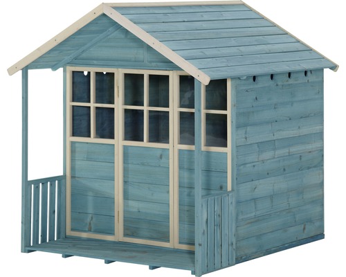 Maison de jeu en bois bleue avec véranda et fenêtres