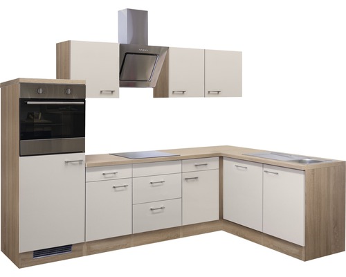 Komplette Küche mit Schränken, Dunstabzugshaube, Spüle und Elektroherd