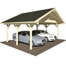 Doppelcarport aus Holz mit zwei parkenden Autos