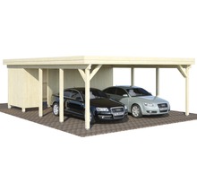 Doppelcarport aus Holz mit zwei parkenden Autos