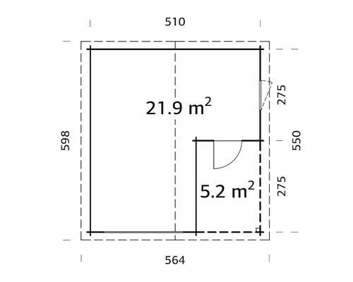 Grundrisszeichnung mit Maßangaben zu einem Gartenhaus.