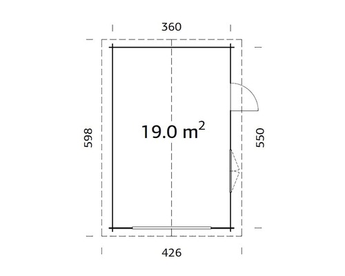 Plan d''un abri de jardin avec des dimensions et une surface de 19 mètres carrés.
