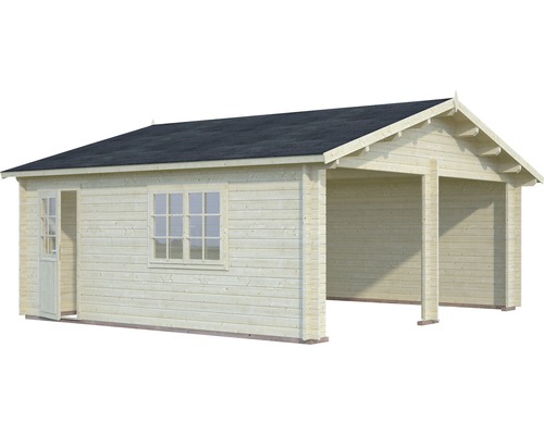 Holzgarage mit Anbau, Tür und Fenster