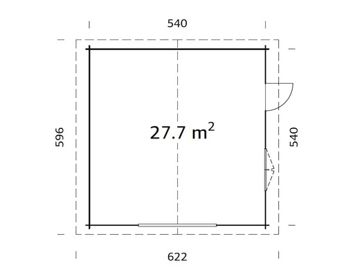 Grundrisszeichnung eines Gartenhauses mit den Maßen 540, 596 und 622 Zentimeter, sowie einer Fläche von 27,7 Quadratmetern