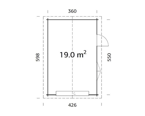 Grundrisszeichnung eines Gartenhauses mit den Maßen 360 x 426 x 598 x 550 und einer Fläche von 19 Quadratmetern.