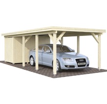 Carport aus Holz mit Geräteschuppen und Auto