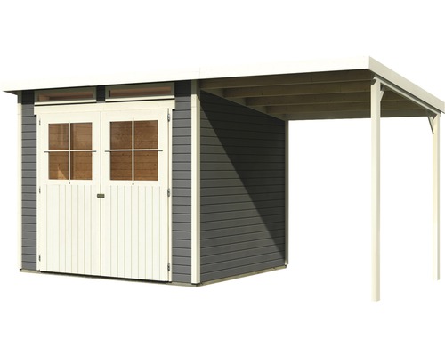 Holzgartenhaus mit Doppeltür und überdachtem Anbau