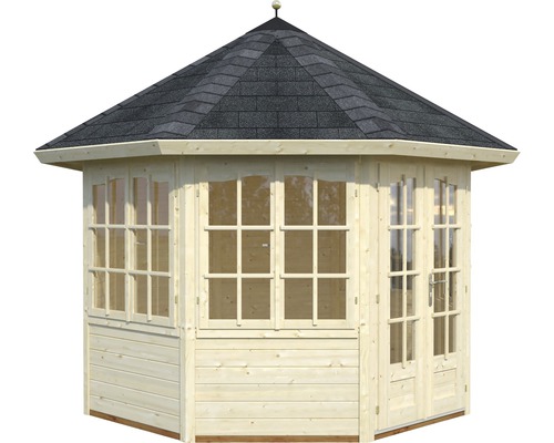 Pavillon de jardin octogonal en bois avec fenêtres et toit bitumé