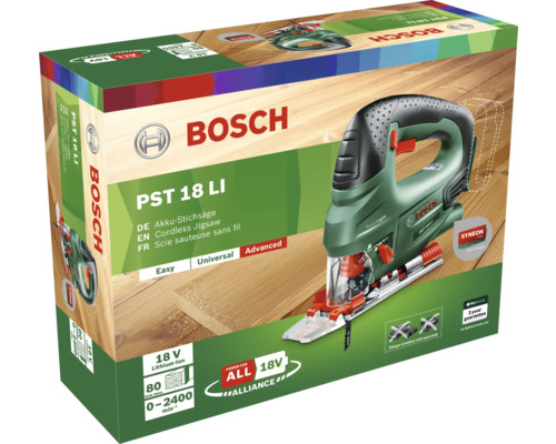 Logo Bosch. Emballage d''une scie sauteuse sans fil Bosch PST 18 LI