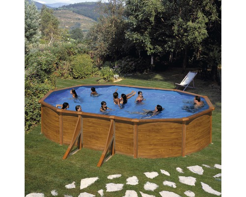 Ensemble de piscine hors sol à paroi en acier Planet Pool Solo ovale 500x300x120 cm avec skimmer intégré aspect bois