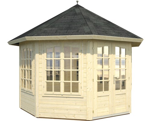 Pavillon octogonal en bois avec fenêtres et bardeaux de toiture