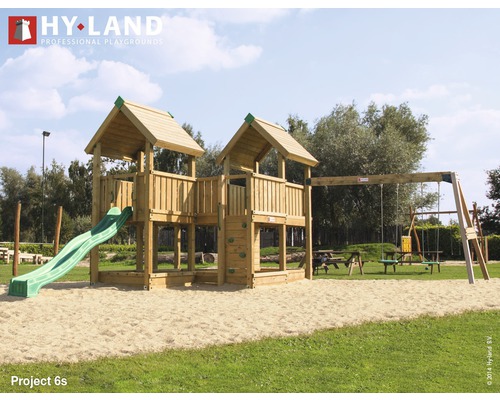 Tour de jeux Hyland EN 1176 pour espace public projet 6S avec balançoire et toboggan vert