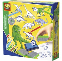 Set de tampons dinosaures SES Creative avec encres et crayons de couleur dans un emballage