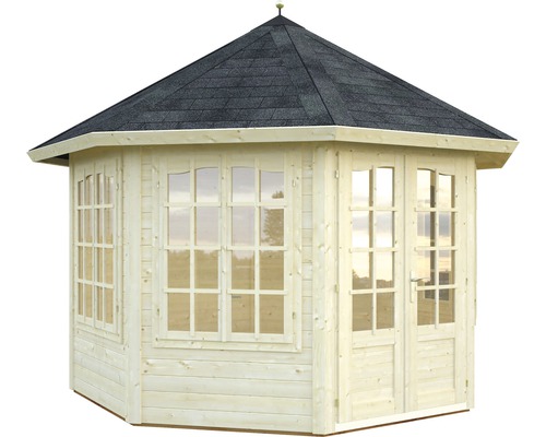 Pavillon octogonal en bois avec fenêtres et bardeaux de toiture