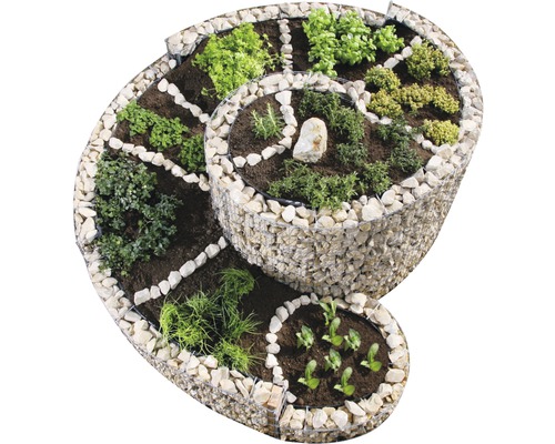 Spirale à fines herbes en gabions bellissa 200 x 150 cm Jardin en spirale en gabions avec diverses herbes et plantes dans un jardin.