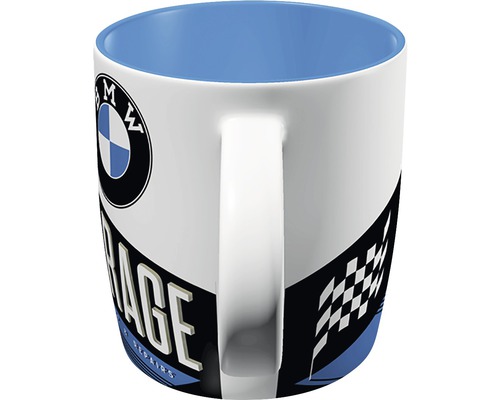 Keramiktasse mit BMW Logo und Garagenmotiv