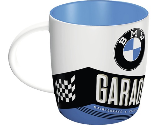 Keramiktasse mit BMW Logo und Garagenmotiv