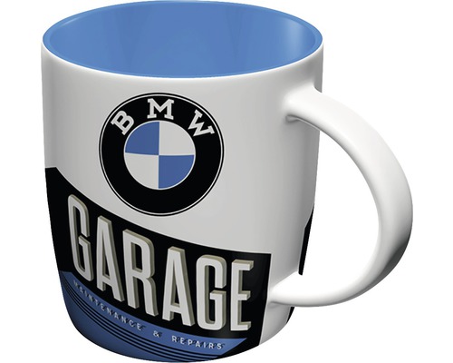 Keramiktasse mit BMW Logo und Garagenmotiv