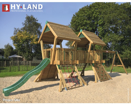 Tour de jeux Hyland EN 1176 pour espace public projet Q4S avec balançoire et toboggan vert