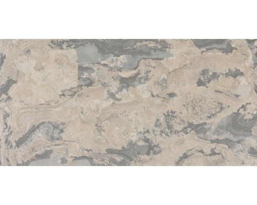 Gros plan d''un plan de travail de cuisine beige et gris avec une texture marbrée