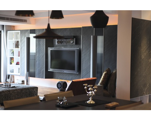 Salon avec télévision, haut-parleurs et éclairage