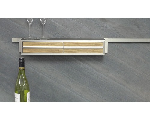 Étagère à vin avec deux tiroirs, deux verres et une bouteille de vin