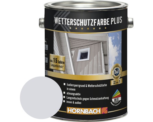 Peinture pour bois HORNBACH anti-intempéries Plus gris argent 2,5 l Boîte de peinture de protection contre les intempéries Plus avec échantillon de couleur et logo Hornbach