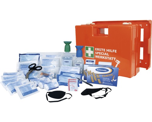 Gefüllter Erste Hilfe Koffer für die Werkstatt mit Verbandsmaterial, Scheren, Augenspülflaschen und Einmalhandschuhen