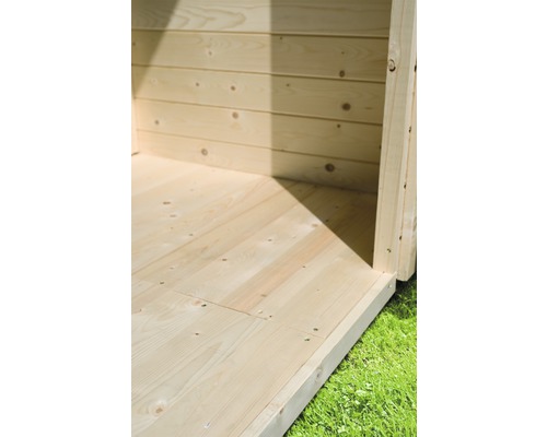 Fußboden Karibu für Halamir 2 und Aramir, 310 x 370 cm, natur Innenansicht eines Gartenhauses mit Holzboden und Holzwänden