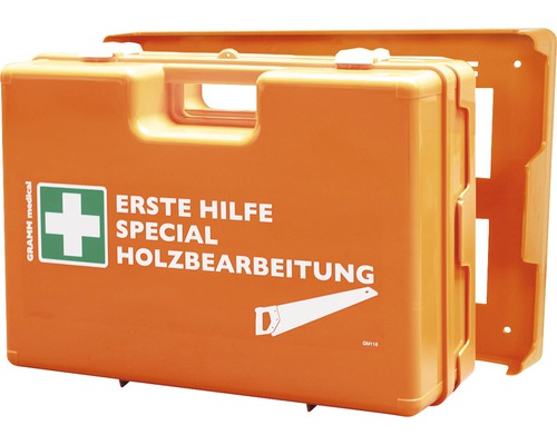 Coffret de pansements spécial travail du bois DIN 13 157, équipement spécial inclus Boîte de premiers secours pour le travail du bois avec support mural