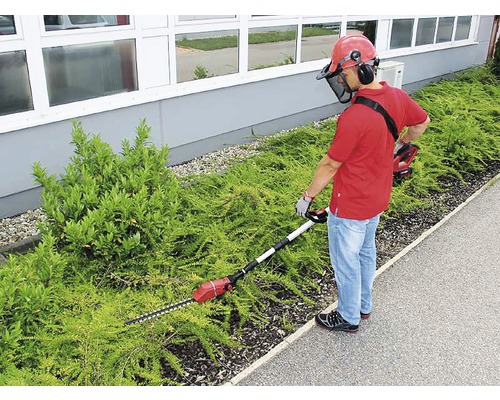 Mann schneidet Hecke mit einer Akku-Heckenschere mit Teleskopstiel und Schutzausrüstung